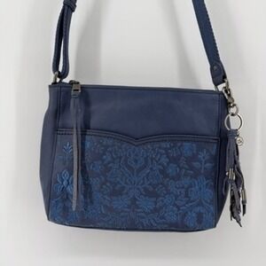The Sak Blue Leather Crossbody Bag Floral Embroidered Tassel Charm‎